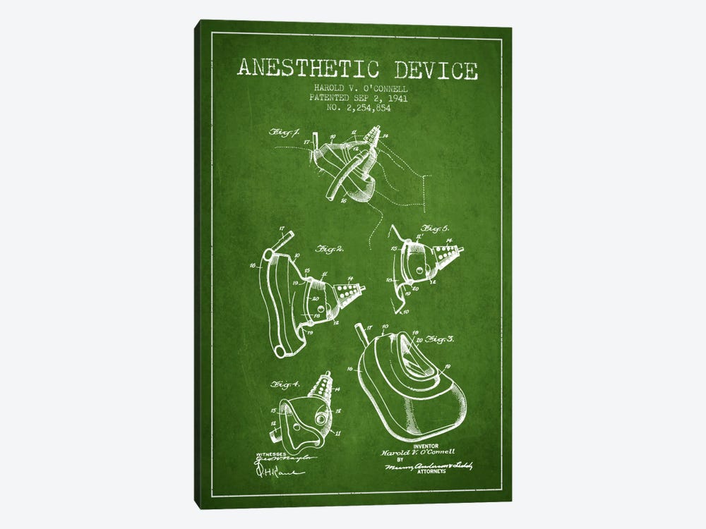 Anesthetic Device Green Patent Blueprint by Aged Pixel 1-piece Canvas Print