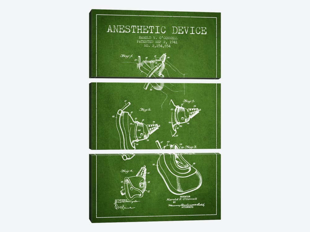 Anesthetic Device Green Patent Blueprint by Aged Pixel 3-piece Canvas Print