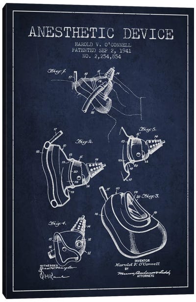 Anesthetic Device Navy Blue Patent Blueprint Canvas Art Print - Medical & Dental Blueprints
