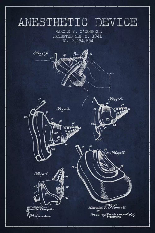 Anesthetic Device Navy Blue Patent Blueprint by Aged Pixel wall art