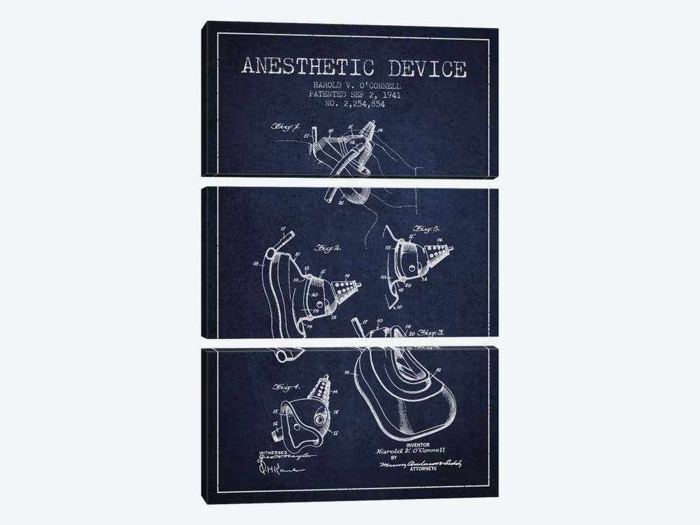 Anesthetic Device Navy Blue Patent Blueprint by Aged Pixel 3-piece Canvas Artwork