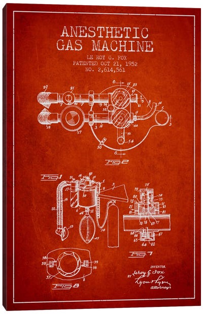 Anesthetic Gas Red Patent Blueprint Canvas Art Print - Aged Pixel: Medical & Dental