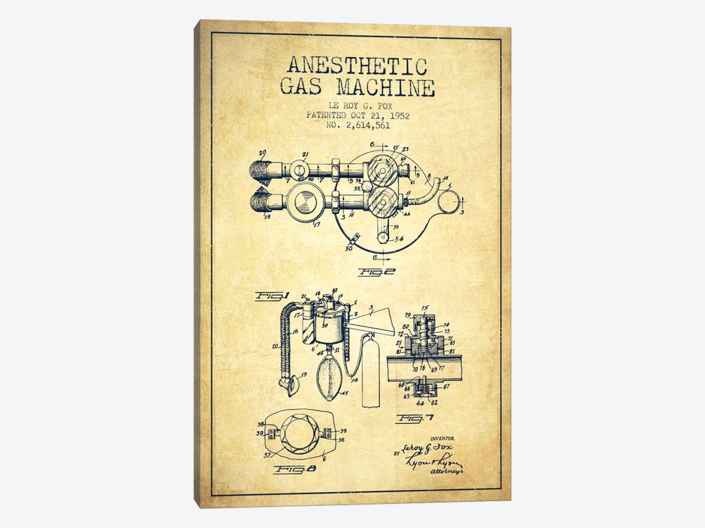 Anesthetic Gas Vintage Patent Blueprint by Aged Pixel 1-piece Canvas Art Print