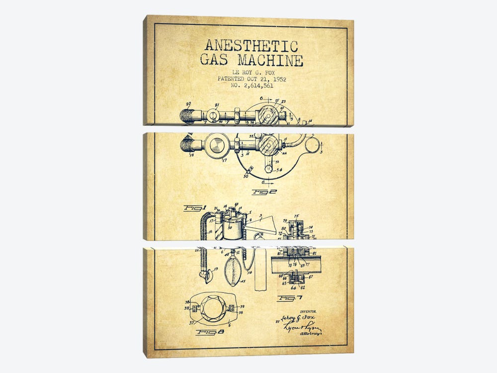 Anesthetic Gas Vintage Patent Blueprint by Aged Pixel 3-piece Canvas Art Print