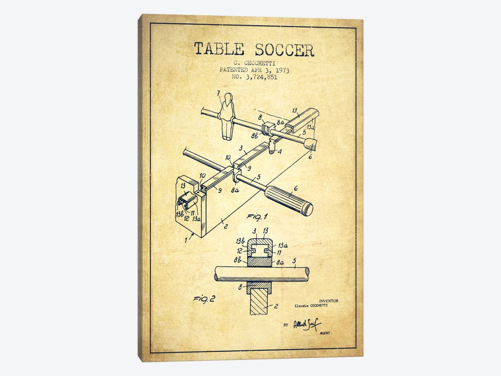 Table Soccer Vintage Patent Blueprint by Aged Pixel 1-piece Canvas Print