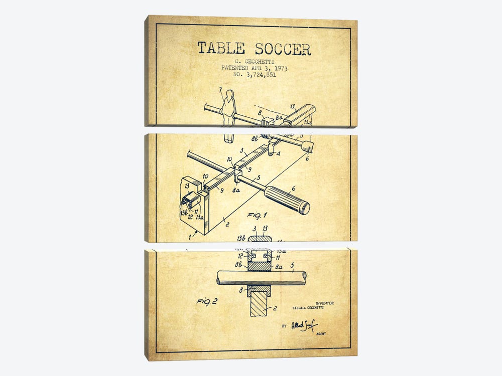 Table Soccer Vintage Patent Blueprint by Aged Pixel 3-piece Canvas Art Print