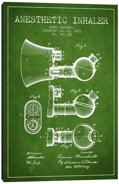 Anesthetic Inhaler Green Patent Blueprint Canvas Art Print - Aged Pixel: Medical & Dental