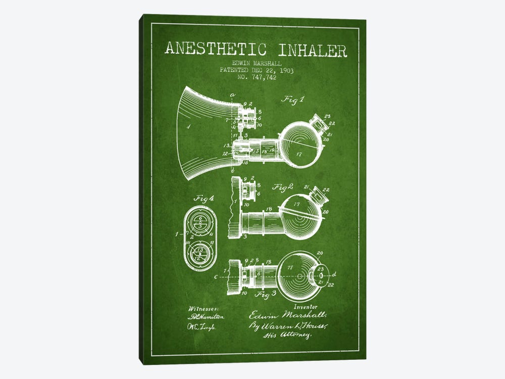 Anesthetic Inhaler Green Patent Blueprint by Aged Pixel 1-piece Canvas Art