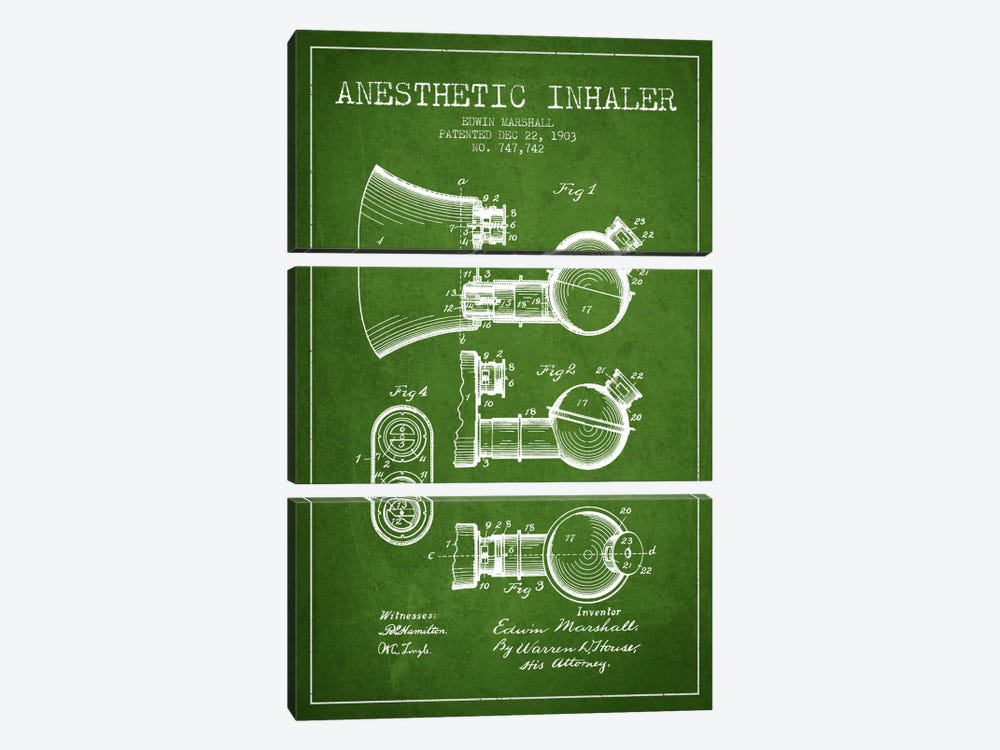 Anesthetic Inhaler Green Patent Blueprint by Aged Pixel 3-piece Canvas Wall Art