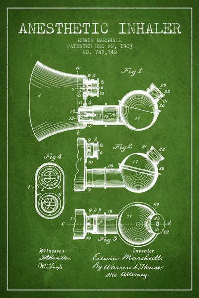Medical & Dental Blueprints: Anesthetic Inhaler Green Patent Blueprint by Aged Pixel