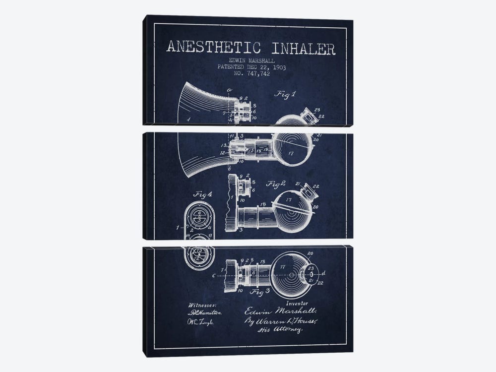Anesthetic Inhaler Navy Blue Patent Blueprint by Aged Pixel 3-piece Canvas Print