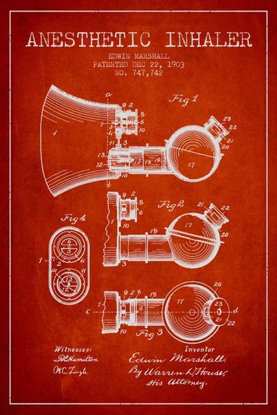 Anesthetic Inhaler Red Patent Blueprint by Aged Pixel canvas print