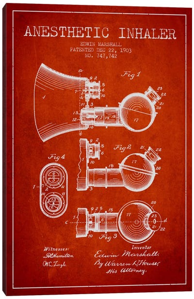 Anesthetic Inhaler Red Patent Blueprint Canvas Art Print - Medical & Dental Blueprints