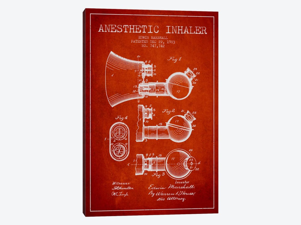 Anesthetic Inhaler Red Patent Blueprint by Aged Pixel 1-piece Canvas Artwork