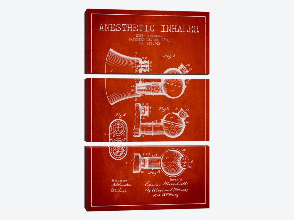 Anesthetic Inhaler Red Patent Blueprint by Aged Pixel 3-piece Canvas Art