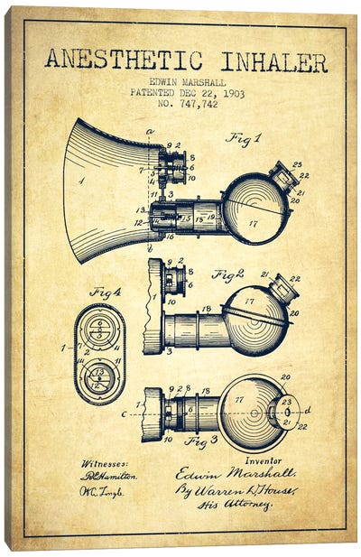 Anesthetic Inhaler Vintage Patent Blueprint Canvas Art Print - Medical & Dental Blueprints
