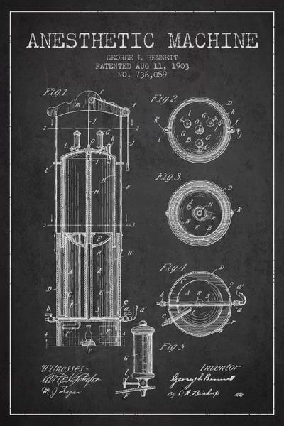 Medical & Dental Blueprints: Anesthetic Machine 1903 Charcoal Patent Blueprint by Aged Pixel