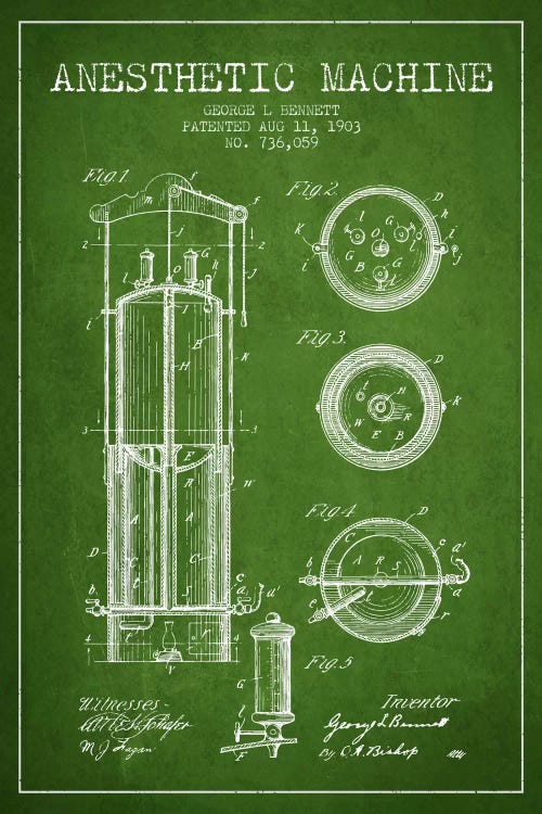 Anesthetic Machine 1903 Green Patent Blueprint by Aged Pixel wall art