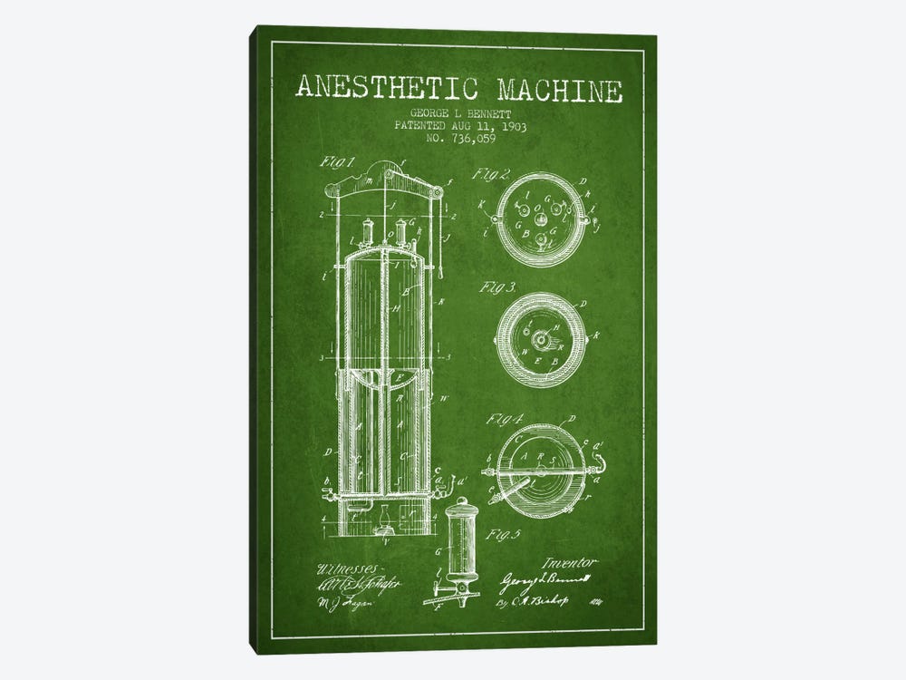 Anesthetic Machine Green Patent Blueprint by Aged Pixel 1-piece Canvas Art Print