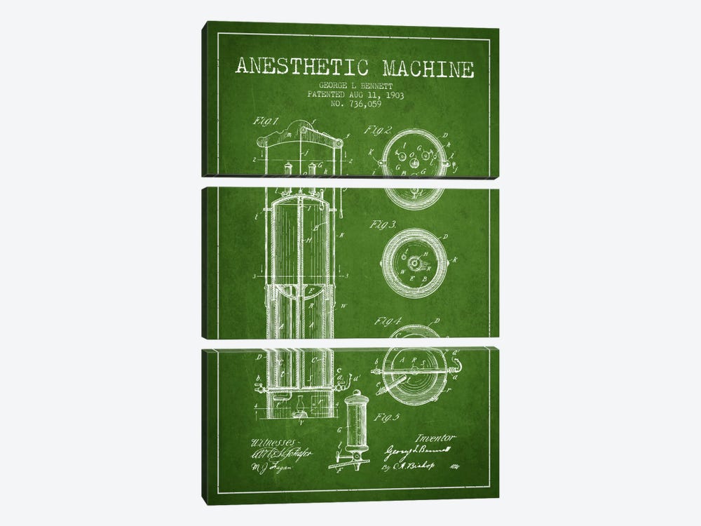 Anesthetic Machine Green Patent Blueprint by Aged Pixel 3-piece Art Print