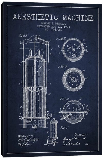 Anesthetic Machine Navy Blue Patent Blueprint Canvas Art Print - Medical & Dental Blueprints