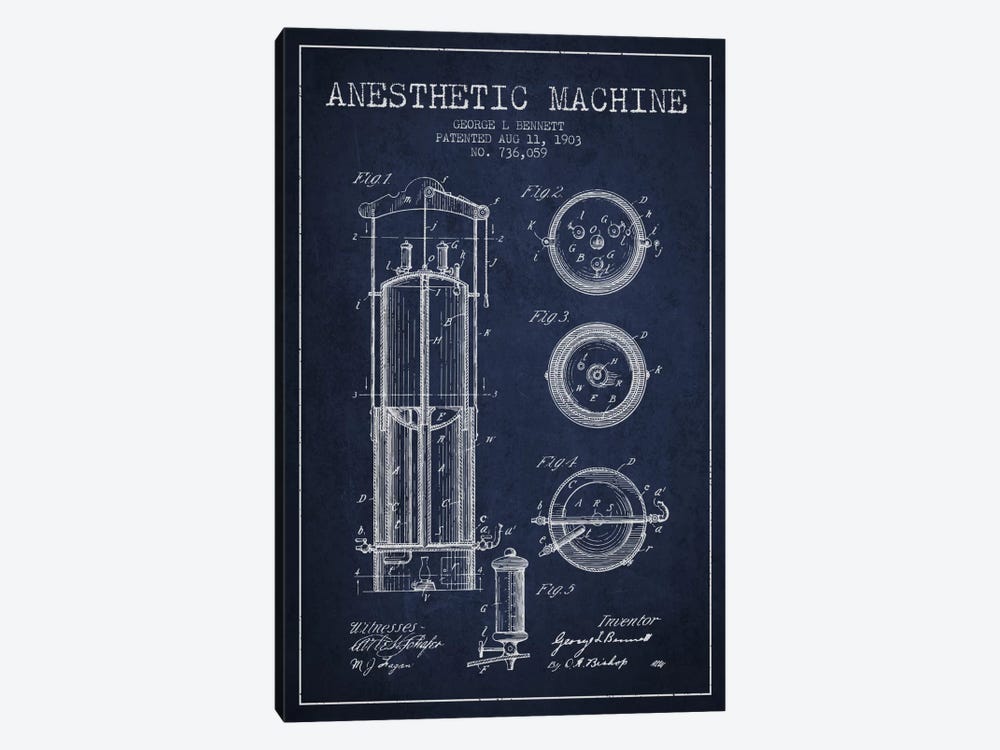 Anesthetic Machine Navy Blue Patent Blueprint by Aged Pixel 1-piece Canvas Art