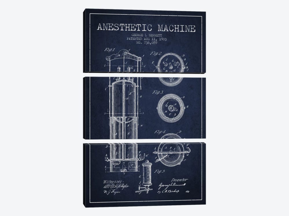 Anesthetic Machine Navy Blue Patent Blueprint by Aged Pixel 3-piece Canvas Artwork