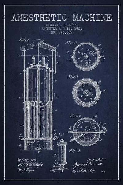 Medical & Dental Blueprints: Anesthetic Machine 1903 Navy Blue Patent Blueprint by Aged Pixel