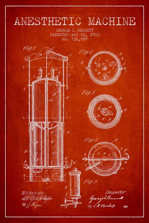 Anesthetic Machine 1903 Red Patent Blueprint by Aged Pixel wall art