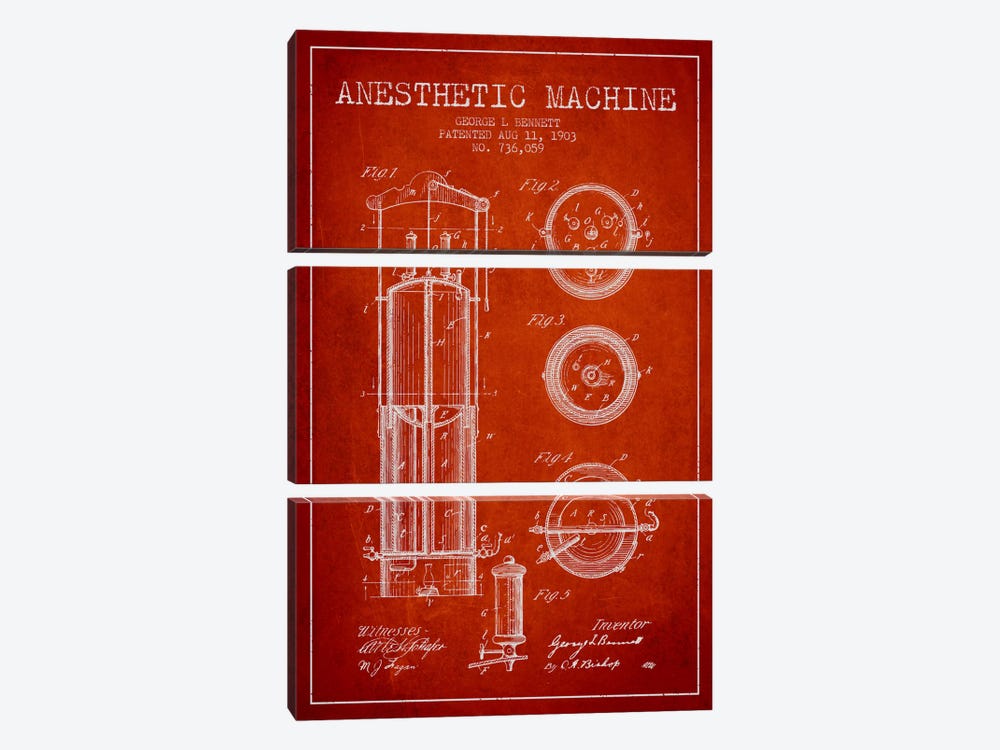 Anesthetic Machine Red Patent Blueprint by Aged Pixel 3-piece Art Print