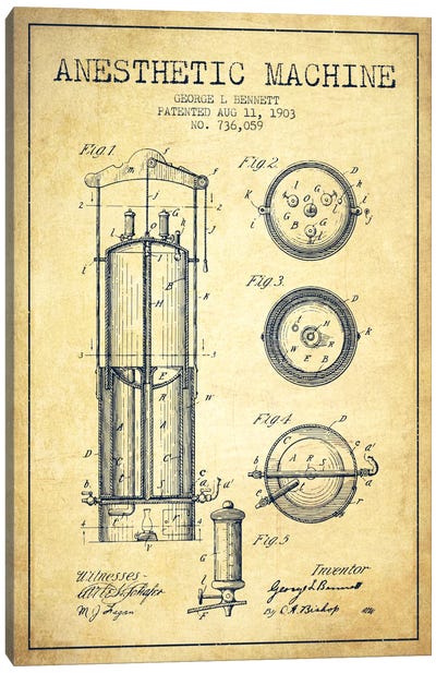 Anesthetic Machine Vintage Patent Blueprint Canvas Art Print - Aged Pixel: Medical & Dental