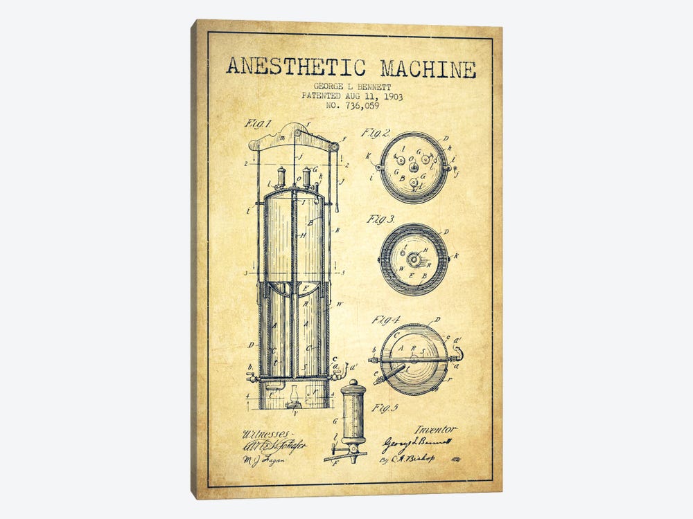 Anesthetic Machine Vintage Patent Blueprint by Aged Pixel 1-piece Canvas Art