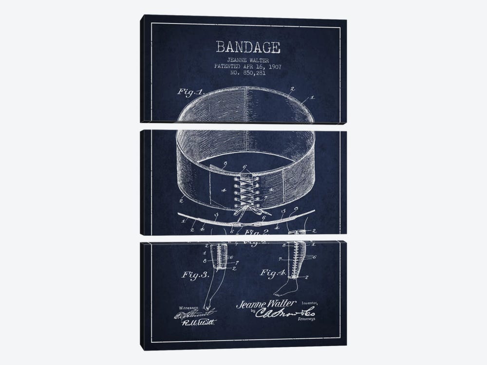 Bandage 1 Navy Blue Patent Blueprint by Aged Pixel 3-piece Canvas Wall Art