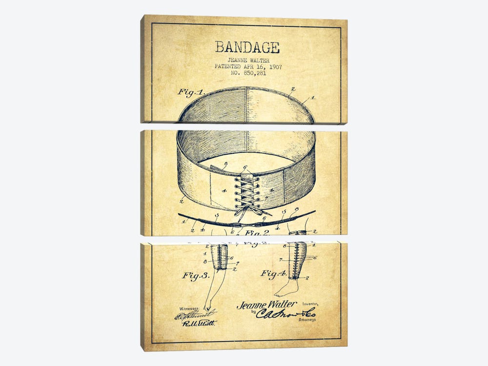 Bandage 1 Vintage Patent Blueprint by Aged Pixel 3-piece Canvas Wall Art
