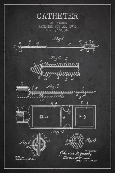 Medical & Dental Blueprints: Catheter 1 Charcoal Patent Blueprint by Aged Pixel