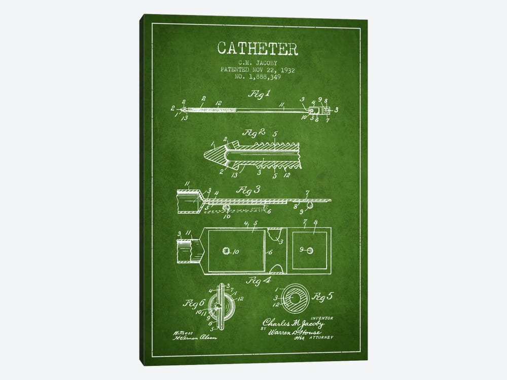Catheter 1 Green Patent Blueprint by Aged Pixel 1-piece Canvas Wall Art