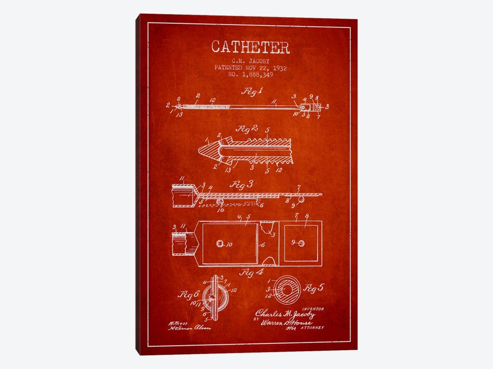 Catheter 1 Red Patent Blueprint by Aged Pixel 1-piece Canvas Wall Art