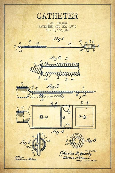 Medical & Dental Blueprints: Catheter 1 Vintage Patent Blueprint by Aged Pixel