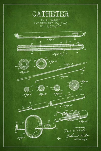 Medical & Dental Blueprints: Catheter 2 Green Patent Blueprint by Aged Pixel
