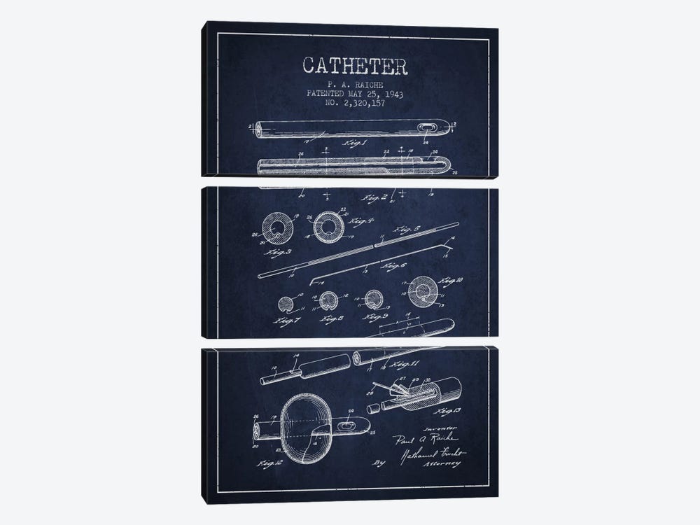 Catheter 2 Navy Blue Patent Blueprint by Aged Pixel 3-piece Canvas Wall Art