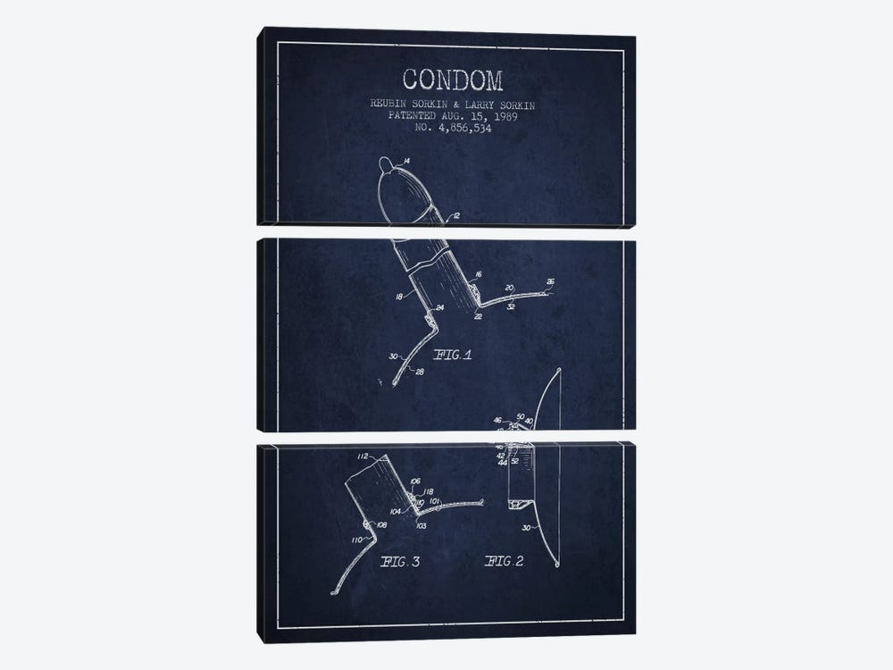 Condom Navy Blue Patent Blueprint by Aged Pixel 3-piece Canvas Wall Art