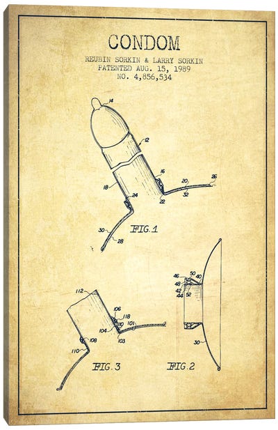 Condom Vintage Patent Blueprint Canvas Art Print - Aged Pixel: Medical & Dental