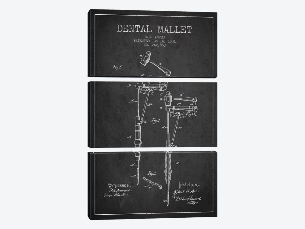 Dental Mallet Charcoal Patent Blueprint by Aged Pixel 3-piece Canvas Art Print