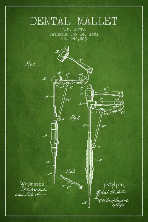 Dental Mallet Green Patent Blueprint by Aged Pixel wall art