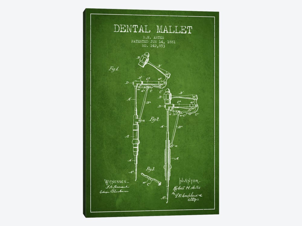 Dental Mallet Green Patent Blueprint by Aged Pixel 1-piece Canvas Artwork