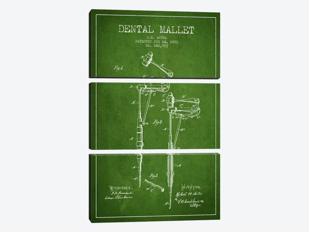 Dental Mallet Green Patent Blueprint by Aged Pixel 3-piece Canvas Wall Art