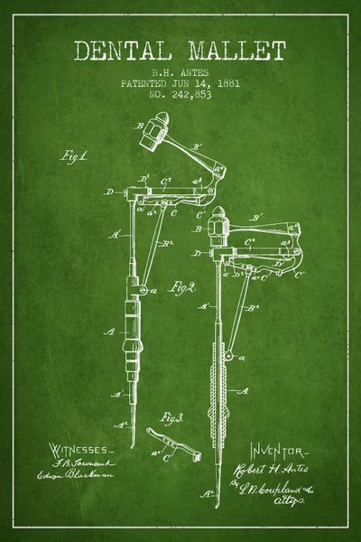 Medical & Dental Blueprints: Dental Mallet Green Patent Blueprint by Aged Pixel