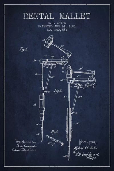 Dental Mallet Navy Blue Patent Blueprint by Aged Pixel canvas print