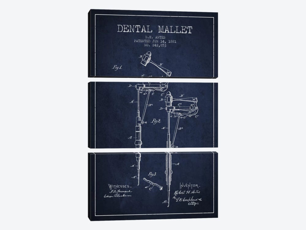 Dental Mallet Navy Blue Patent Blueprint by Aged Pixel 3-piece Canvas Art Print