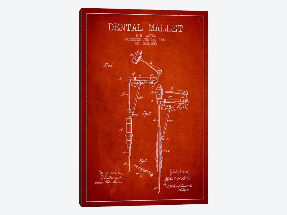 Dental Mallet Red Patent Blueprint by Aged Pixel 1-piece Canvas Artwork
